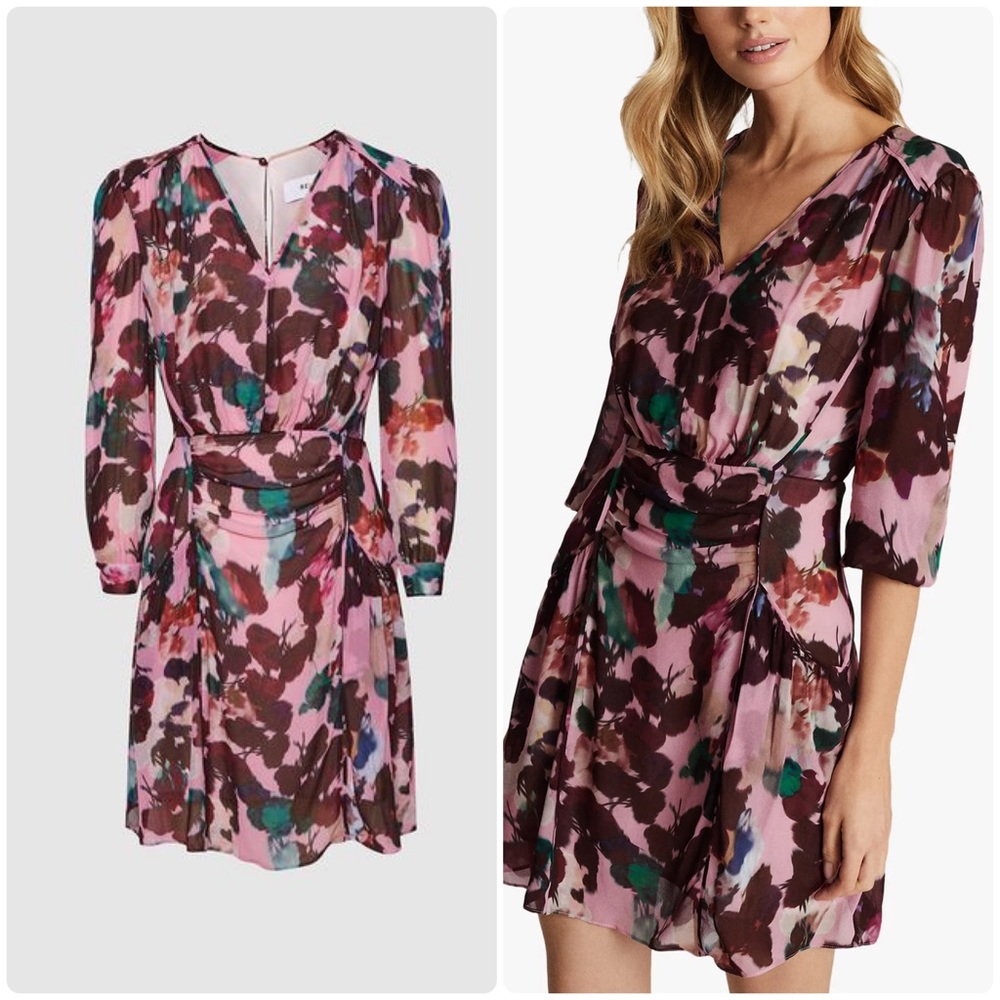 NWT REISS Josephine Long Sleeve Pink Purple Floral Mini Dress